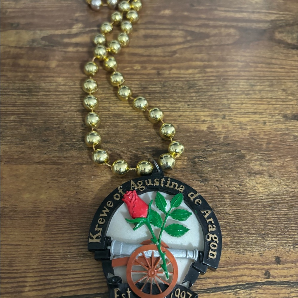 Krewe of Agustin’s de Aragon Gold Bead Necklace with Rose Pendant